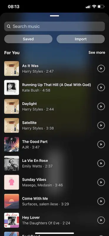 How to add music to instagram post 9 The image shows Instagram music suggestions to add on the reels
