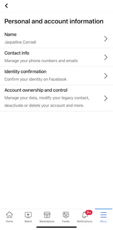 How to change your name of Facebook personal and account information Facebook print screen showing the personal and account information menu.