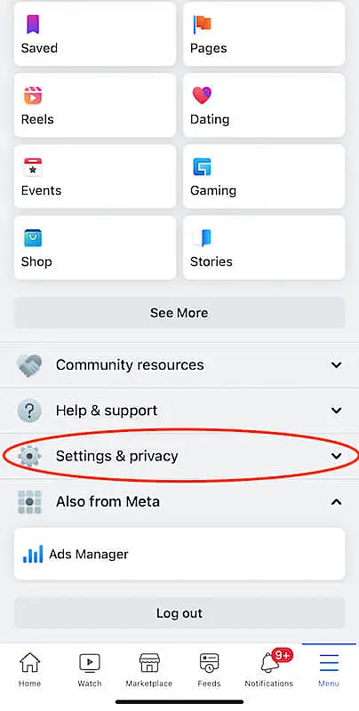 Facebook print screen showing the profile menu