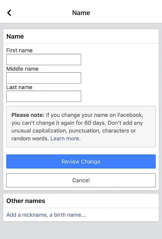 Facebook print screen showing the area where you can change your name on facebook..