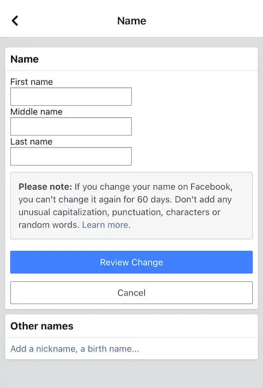 How to change your name on facebook review change Facebook print screen showing the area where you can change your name on facebook..