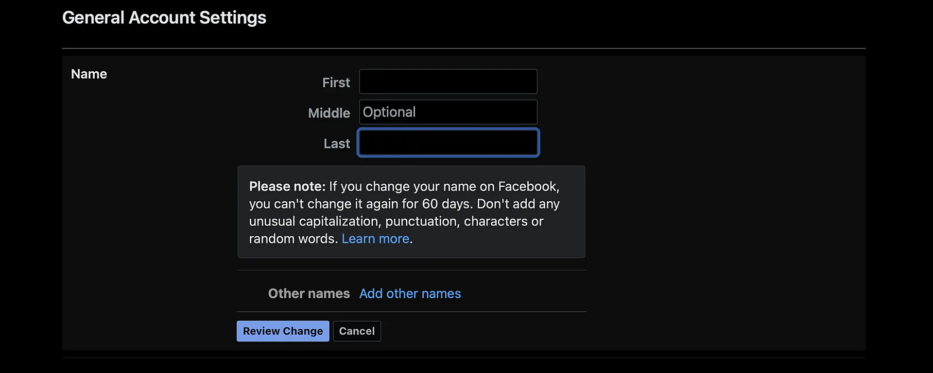 Facebook print screen showing the are where you can edit your name.