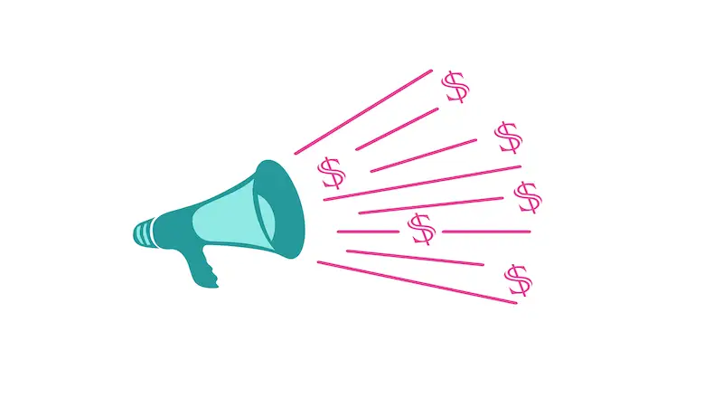 The image shows a speaker and there are dollar signs going out from it.