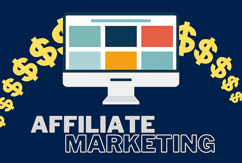 The image shows a desktop computer, below it, it's written "affiliate marketing".