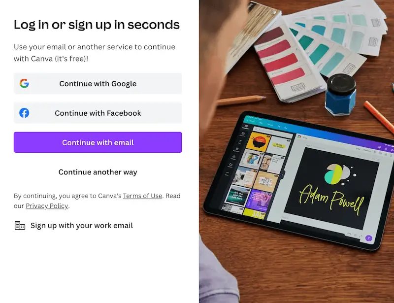 Canva log in page