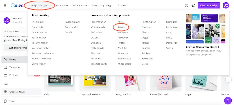 The image shows Canva home page menu