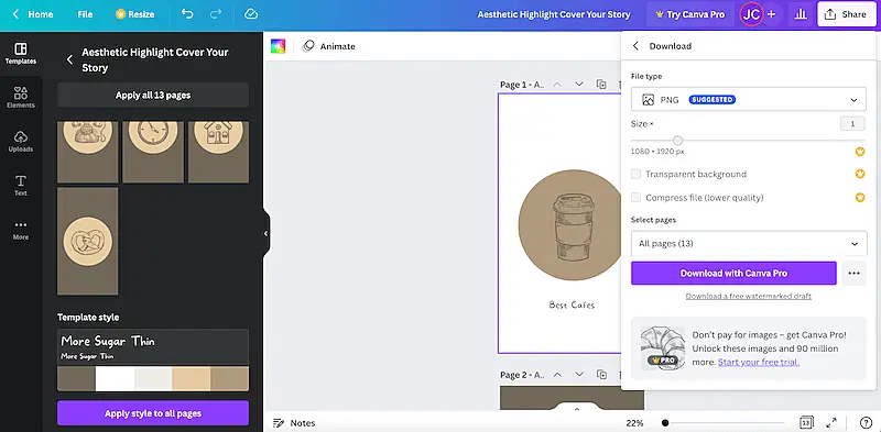 Canva image editor screen showing the download image menu