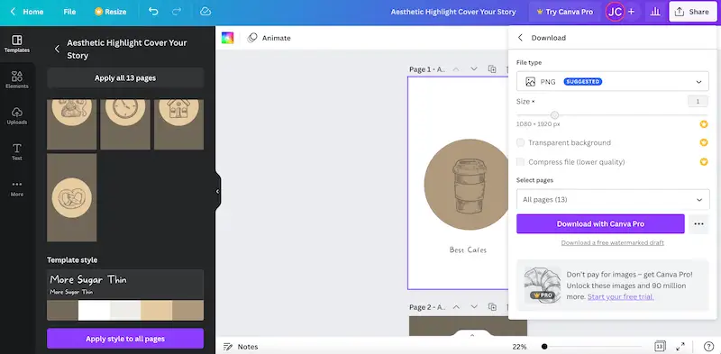 Canva image editor screen showing the download image menu