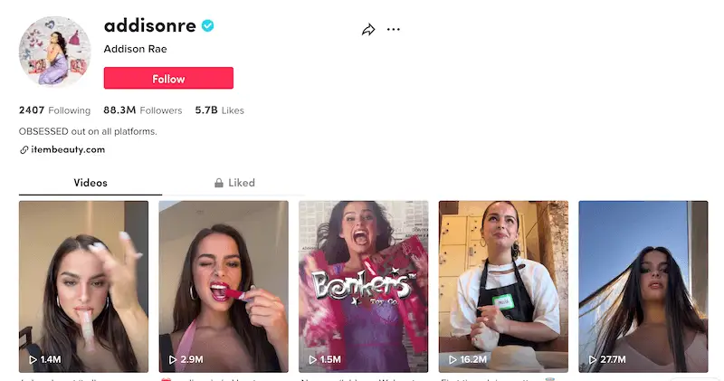 Addison Rae TikTok's page