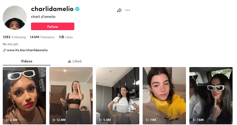 Charli D'Amelio's tiktok page
