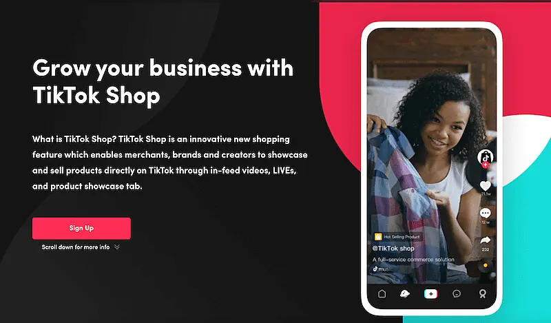 The image shows TikTok shop page where it's written "grow your business with TikTok Shop".