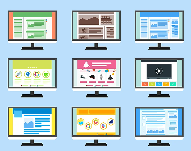 The image shows 9 computer screens, each one with a different web page layout.