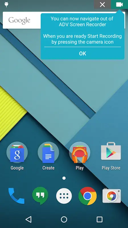 The image shows the smarphone screen with the ADV screen recorder button on the top