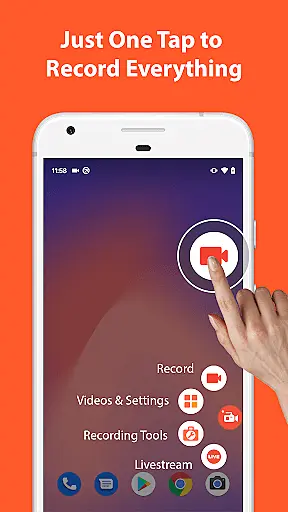 AZ screen recorder app on the screen of an smartphone. Above it's written "just one tap to record everything".