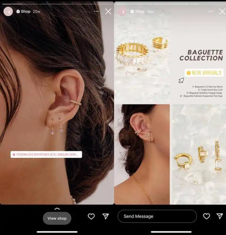 How to take advantage of Instagram stories - products The image shows two Instagram stories promoting earrings.