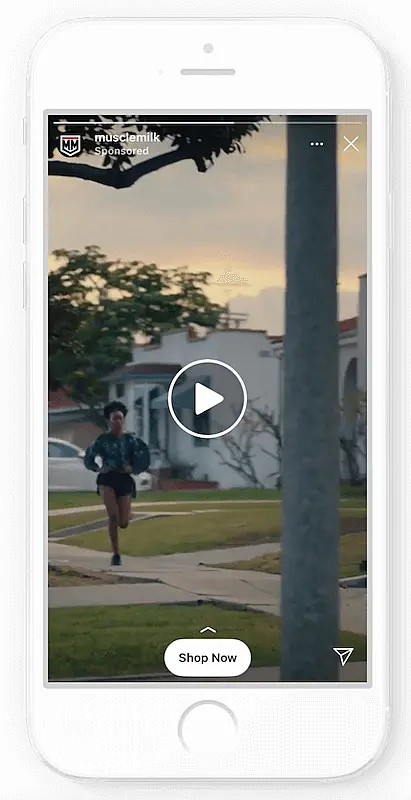 The image shows a smartphone, in the screen there is the Muscle Milk story of a woman running on the street.