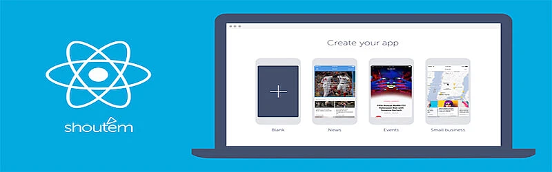 The image shows Shoutem's logo on the left side and on the right side there is a laptop open on a screen where it's written "Create your app".