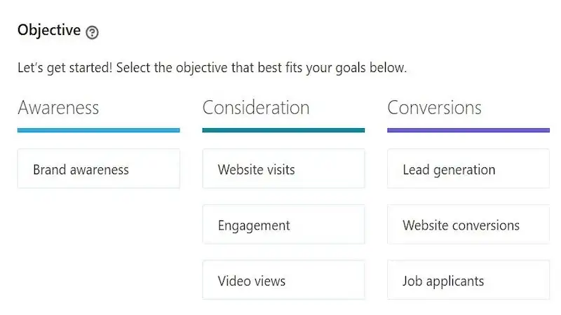 LinkedIn Campaign Manager - Objectives The image shows a LinkedIn campaign objectives