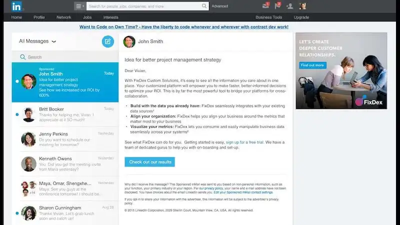 LinkedIn Campaign Manager - Message Ads Computer screen with a message ad example