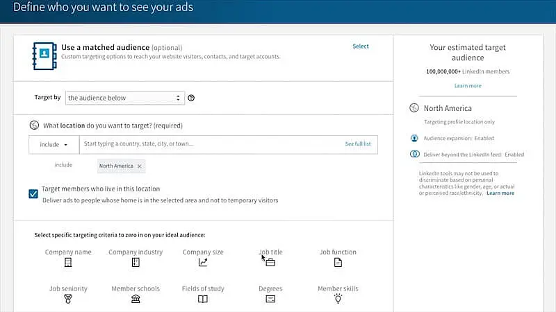 The image shows LinkedIn Campaing Manager's screen where it's possible to define the target audience.