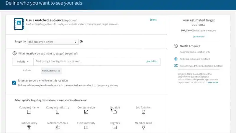 LinkedIn Campaign Manager - Target audience The image shows LinkedIn Campaing Manager's screen where it's possible to define the target audience.