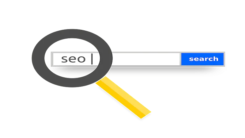 The image shows a search bar where it's written "SEO", and there is a magnifying glass above it.