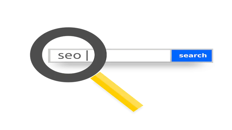 How to crate a landing page - SEO The image shows a search bar where it's written "SEO", and there is a magnifying glass above it.