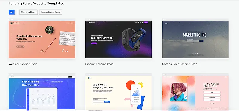 The image shows landing page website templates from Wix.