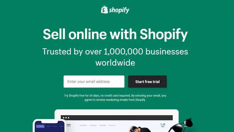How to create a landing page - Shopify landing page The image shows Shopify landing page where it's written "Sell online with Shopify", the call to action is "Start free trial".