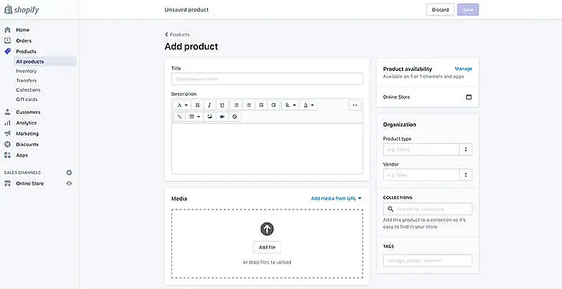 The image shows the page on Shopify where you can add a product.