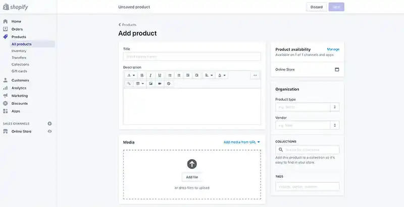 The image shows the page on Shopify where you can add a product.