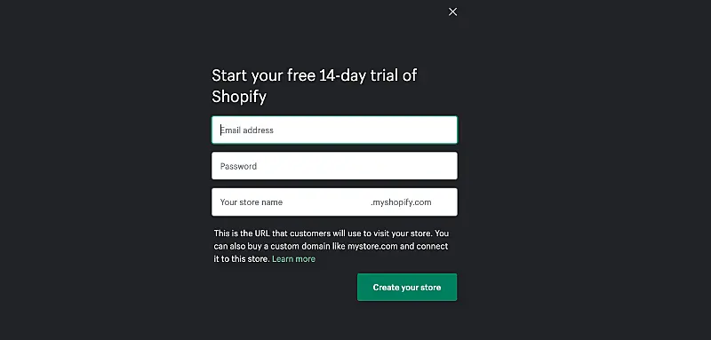 The image shows the create your account page from Shopify