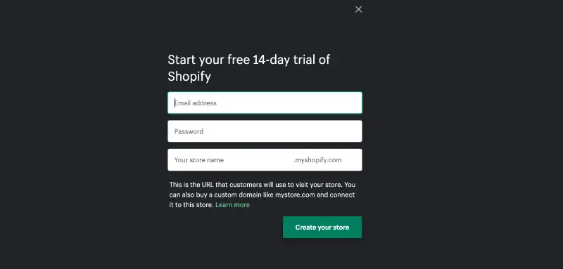 The image shows the create your account page from Shopify