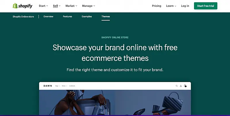 The image shows Shopify themes' page where it's written "Showcase your brand online with free ecommerce themes. Find the right theme and customize it to fit your brand".