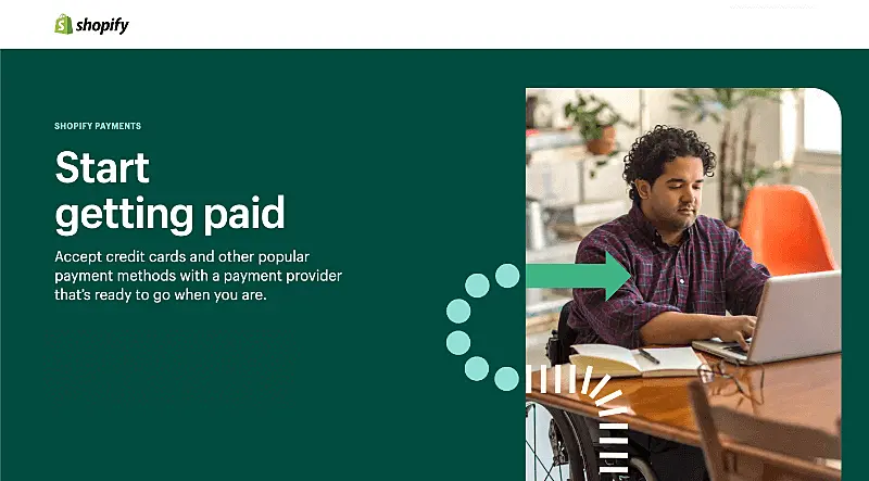 The image shows Shopify Payments' page where it's written "Start getting paid". 