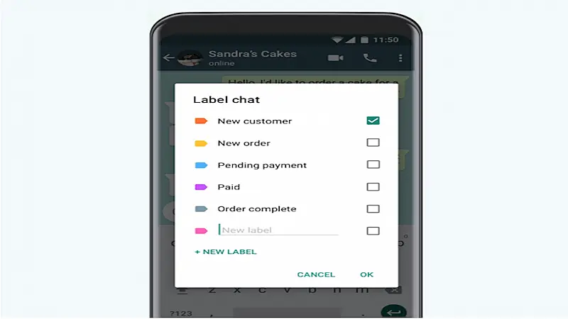 The image shows the Label chat from WhatsApp with a list of labels.