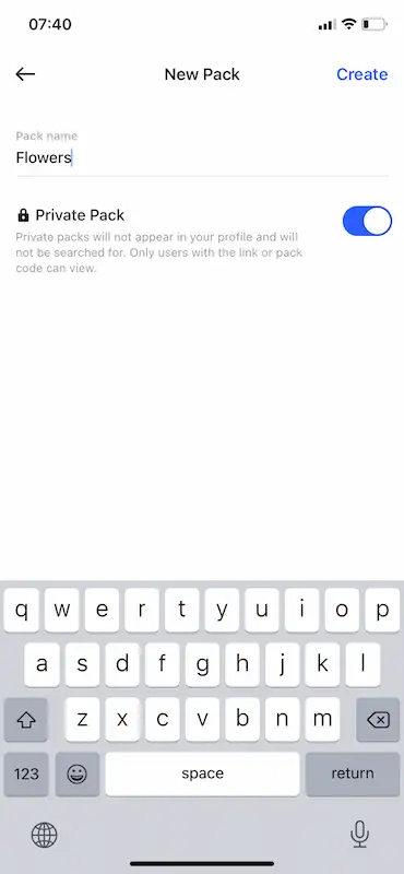 Sticker.ly print screen where it's written "New pack. Create. Pack name. Private Pack."