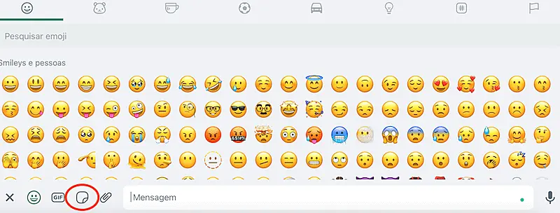 WhatsApp web print screen showing the emoji keyboard, and the sticker icon on the left corner of the image.