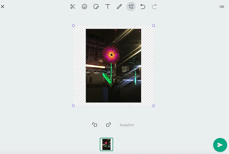 WhatsApp Web print screen showing the sticker ready to be sent. On the right side of the image the is the "send" icon, and on the top there are the image edition tools. 