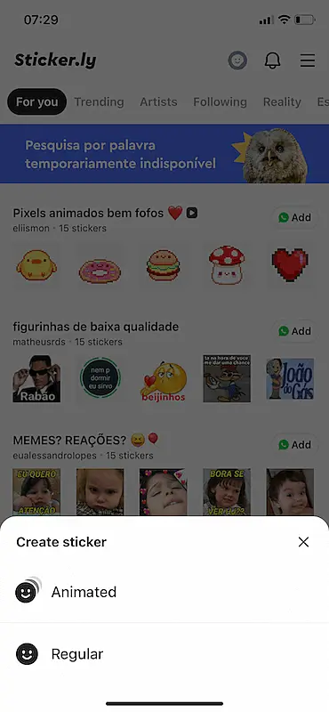 Sticker.ly home page, choose between animated or regular sticker.