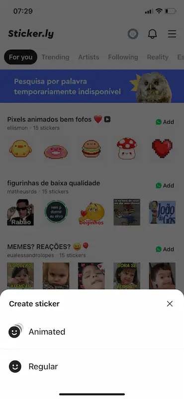 Sticker.ly home page, choose between animated or regular sticker.
