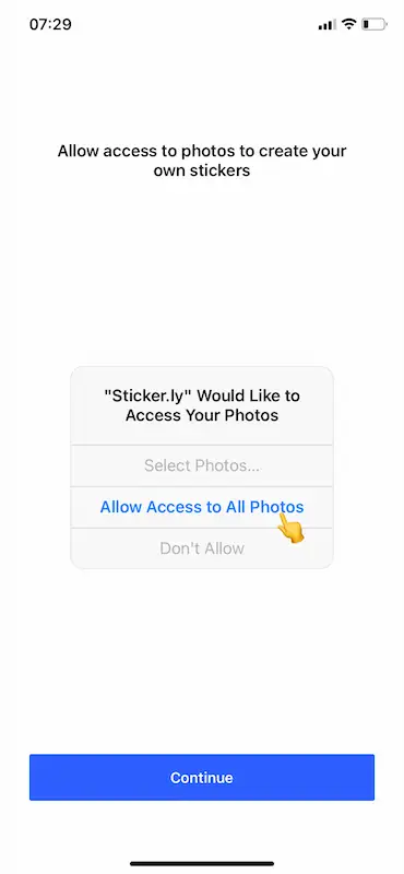 Sticker.ly page "allow access to all photos"