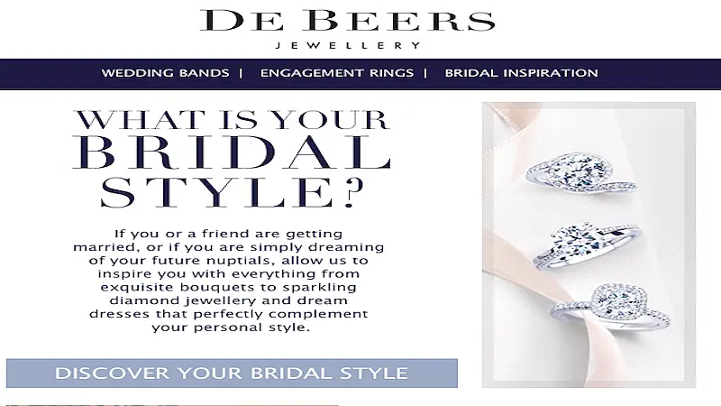 De Beers email marketing with the CTA "Discober your bridal style".