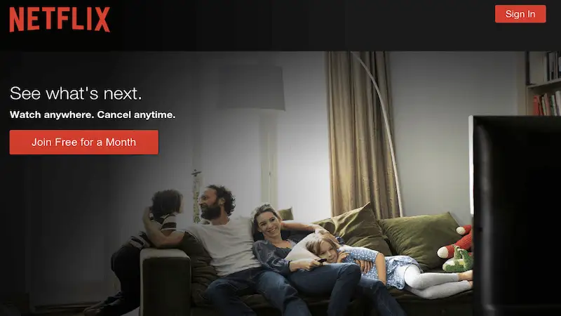 Netflix's website page. In the image it's written "See what's next. Watch anywhere. Cancel anytime. Join free for a month."