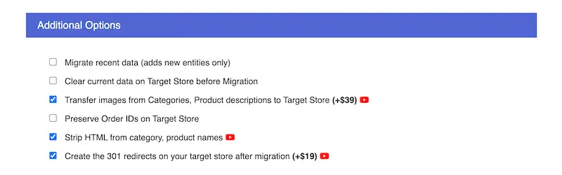 Shopify upgrade - additional options Additional options screen