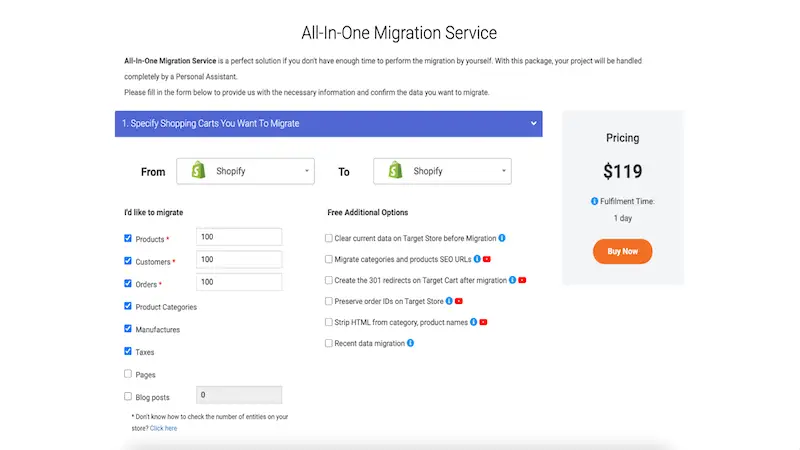 Shopify upgrade - All-In-One Migration Service All-In-One Migration Service screen page