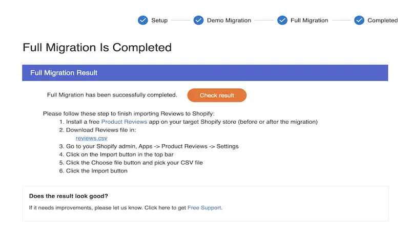 Shopify upgrade - full migration Full migration result screen page