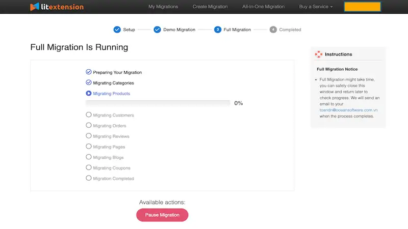 Shopify upgrade - full migration  Full migration page from LitExtension