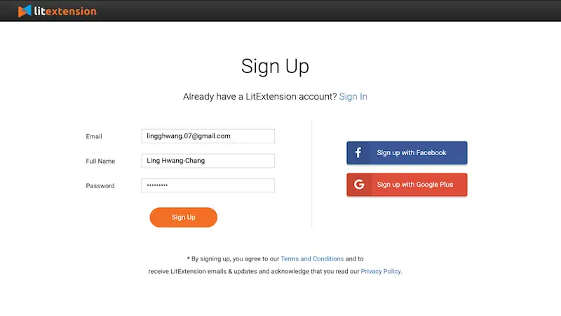 Shopify Upgrade - sign up Sign up page from LitExtension