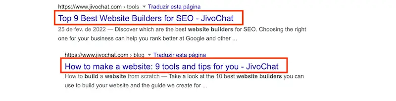 The image shows Google search result page. The title tags "Top 9 Best Website Builders for SEO-JivoChat", and "How to make a website: 9 tools and tips fos you - JivoChat" are highlighted.